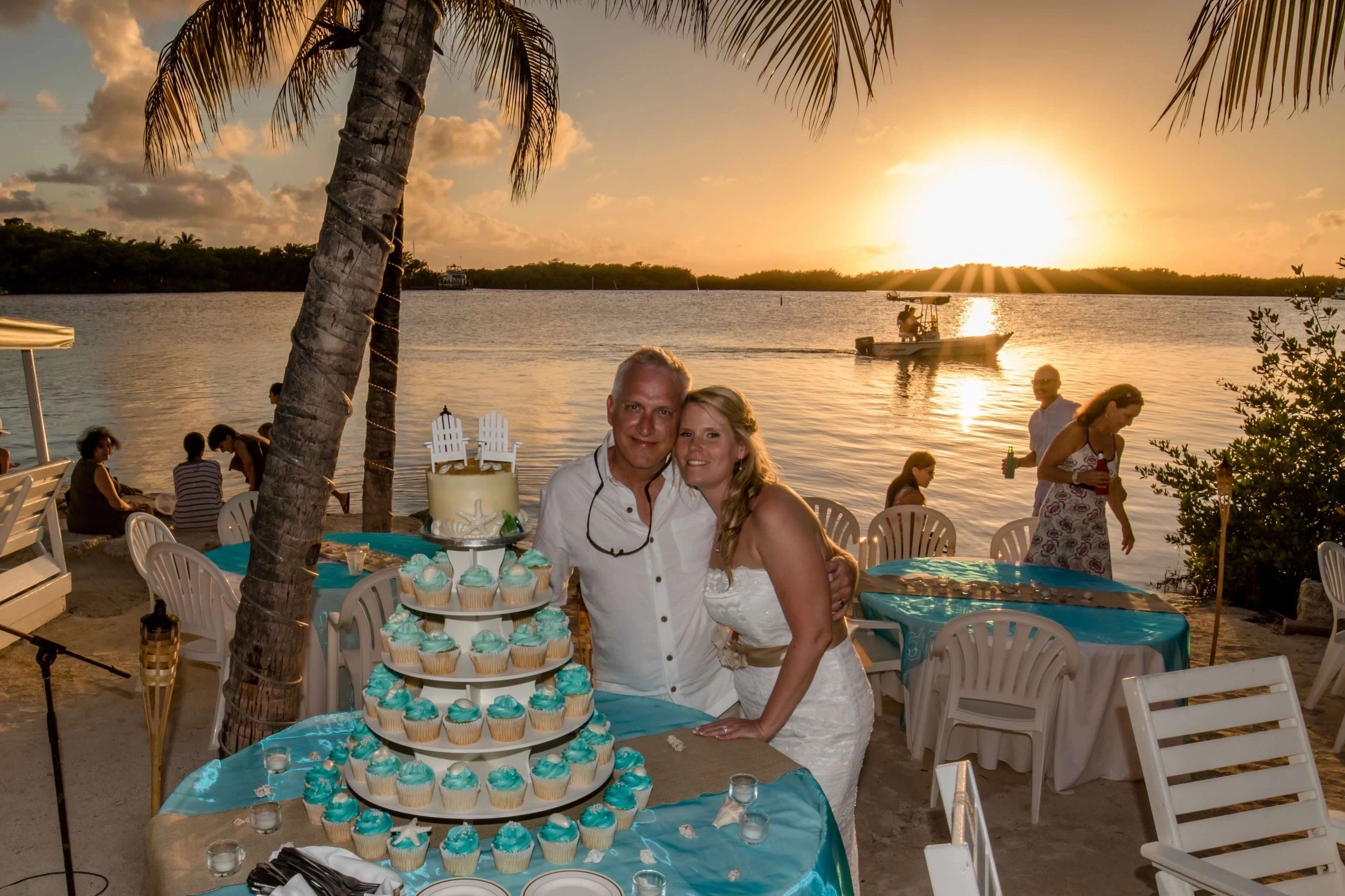 Beach wedding reception at sunset